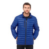 A blue puffer jacket for men featuring a zip front and branding on the sleeve.