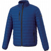 A blue puffer jacket with a zip front and multiple pockets, featuring a logo on the sleeve.