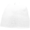A white knit beanie with a simple design, featuring an unadorned texture and a small logo.