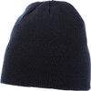 A black unisex knit beanie with a simple, seamless design and a small logo.