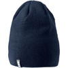 A unisex navy knit beanie with a subtle branding tag on the side, featuring a soft textured design.