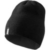 A black unisex knit beanie with a small logo, suitable for headwear.