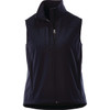 A women's softshell vest in navy blue with a zip front and a high collar, featuring a logo.