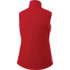 A red women's softshell vest with a high collar and no sleeves, featuring a logo.