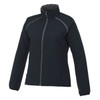 A women's packable jacket in black, featuring a zip front, long sleeves, and reflective accents. Includes a logo.