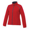 A red women's packable rain jacket features a zip front, high collar, and a logo.