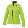A bright lime green women's packable rain jacket with a zip front and a black collar, featuring a logo.
