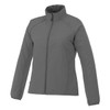 A women's packable rain jacket in grey with a zip front, featuring a collar and elastic cuffs. Includes a logo.