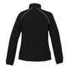 A black women's rain jacket with long sleeves and reflective detailing on the back. It features a high collar and a logo.
