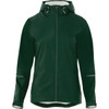 A green women's rain jacket featuring a hood, zip closure, and reflective detailing. The jacket has a logo on it.