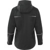 A women's rain jacket in black with reflective detailing and a hood, featuring a logo on the back.