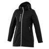Women's Ansel Jacket in black, featuring a hood and multiple zippered pockets. Includes a branding logo.