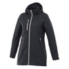 A women's rain jacket in black with a hood and zippered pockets, featuring a sleek design and a logo.