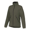 A women's eco-friendly packable jacket in olive green, featuring a zip front and pockets, with a logo present.