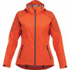 An orange women's softshell jacket with a hood and zippered pockets, featuring a textured pattern on the shoulders.