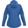 A women's softshell jacket in blue with a hood and patterned sleeves. It features a logo on the back.