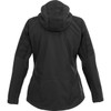 A black women's softshell jacket featuring a hood and textured paneling on the shoulders. Includes a branding logo.