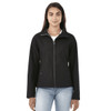 A women's softshell jacket in black, featuring a front zip and a collar, with a logo on the chest.