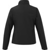 A black women's softshell jacket with a high collar and a sleek, minimalist design. It features a logo on the back.