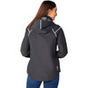 A women's softshell jacket in black, featuring a hood and reflective detailing on the back.