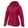A women's softshell jacket in a vibrant red colour, featuring a hood and zippered pockets. It has a logo on the jacket.