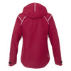 A red women's softshell jacket with a hood and reflective detailing on the back. Features a logo present.