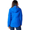 A blue women's softshell jacket with a hood, featuring a logo on the back.