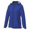 A blue women's softshell jacket with a zip closure, adjustable hood, and a logo on the sleeve.