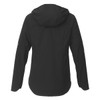 A women's black softshell jacket featuring a hood and a sleek design, with branding present on the fabric.