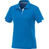 A blue women's short sleeve polo shirt with a contrasting white collar and branding.