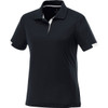 A women's black short sleeve polo shirt with white accents and a logo on the chest.