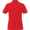 A women's short sleeve polo shirt in vibrant red with a logo and reflective details on the sleeves.