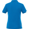 A blue women's polo shirt with a classic collar, featuring a white accent and a logo on the back.