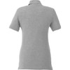A women's short sleeve polo shirt in grey, featuring a collar and a subtle logo on the back.