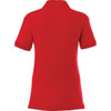 A red women's polo shirt with short sleeves and a collar, featuring a branding logo.