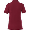 A burgundy women's short sleeve polo shirt with a folded collar and back view. Features a logo.