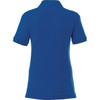 A women's short sleeve polo shirt in a vibrant blue colour, featuring a logo. Back view displayed.