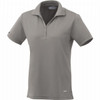 A women's short sleeve polo in grey, featuring a collar and three-button placket, with a logo on the sleeve.