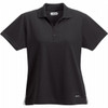A black short sleeve polo shirt for women, featuring a collar and a logo on the hem.