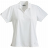 A women's short sleeve polo shirt in white with a collar and a logo on the sleeve.