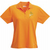 An orange women's polo shirt featuring a logo on the chest and a classic short-sleeve design.