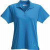 A blue short sleeve polo shirt for women, featuring a collared neckline and a logo.