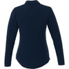 A dark navy women's long sleeve polo shirt featuring a collar and a sleek fit, with a logo on the back.