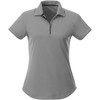 A women's short sleeve polo shirt in grey with a collar and a logo.