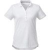A white women's polo shirt with a collar, buttons, and a subtle logo. Suitable for casual or smart-casual settings.