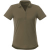 A women's short sleeve polo shirt in olive green with a collared neckline and button placket. It features a logo.