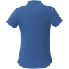 A blue women's short sleeve polo shirt featuring a collar and a logo.