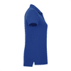 A blue women’s polo shirt with short sleeves and a side seam, featuring a logo.