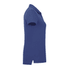 A side view of a women's short sleeve polo shirt in navy blue, featuring a collar and a logo.