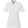 A short sleeve women's polo shirt in white with a collar and button placket, featuring a logo.